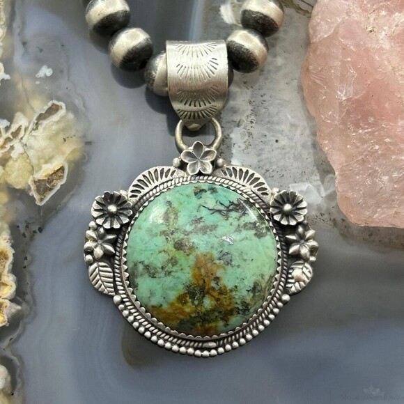 Sterling Silver Southwestern Style Round Turquoise Decorated Pendant For Women - Picture 1 of 10